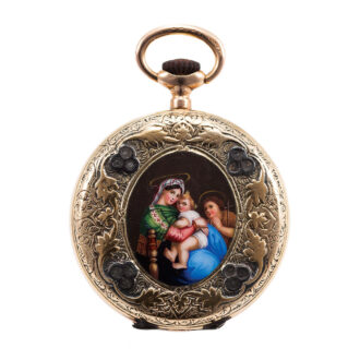 Swiss 14 carat gold and enamel miniature pocket watch Circa 1895 Swiss 14 carat gold and enamel miniature pocket watch Circa 1895