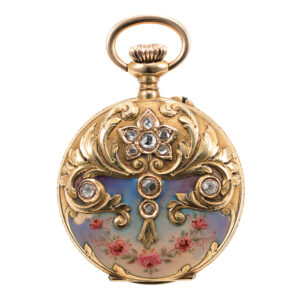 Swiss gold, enamel and stone-set keyless cylinder watch Circa 1885