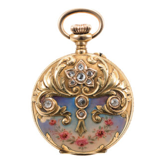 Swiss gold, enamel and stone-set keyless cylinder watch Circa 1885