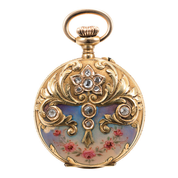 Swiss gold, enamel and stone-set keyless cylinder watch Circa 1885
