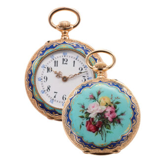 Swiss 18K gold and enamel keyless cylinder watch Circa 1885