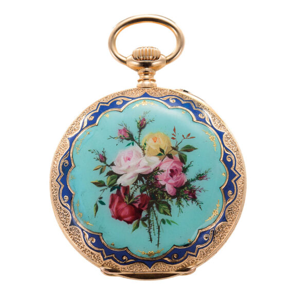 Swiss 18K gold and enamel keyless cylinder watch Circa 1885