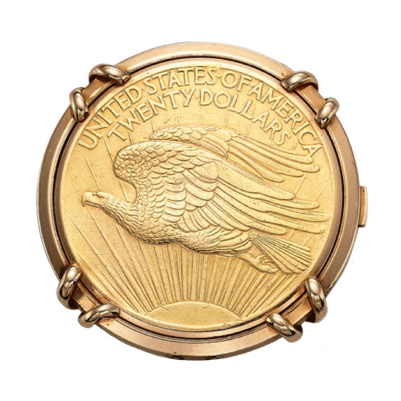 Swiss 18K gold twenty-dollar coin pendant watch Circa 1955 Swiss 18K gold twenty-dollar coin pendant watch Circa 1955