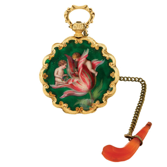 Elegant Swiss gold and enamel verge pendant watch Circa 1860
