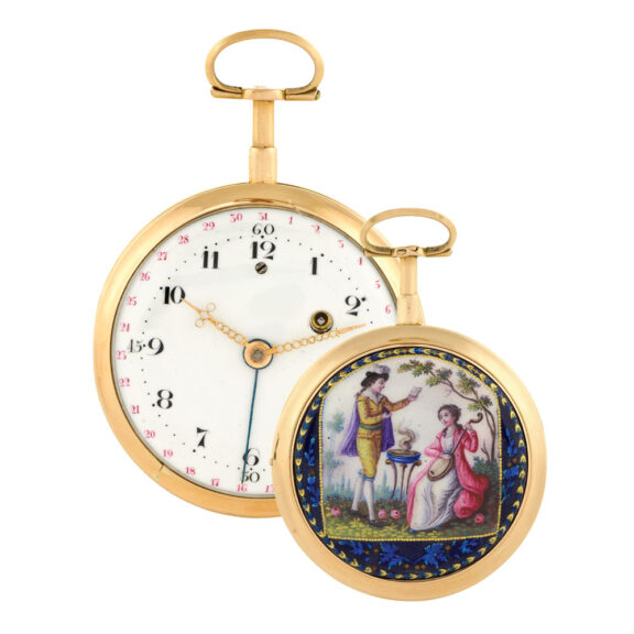 Swiss gold and enamel quarter repeating verge with calendar Circa 1790 Swiss gold and enamel quarter repeating verge with calendar Circa 1790
