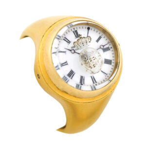 Heavy Swiss 18K gold ring set with miniature watch Circa 1860