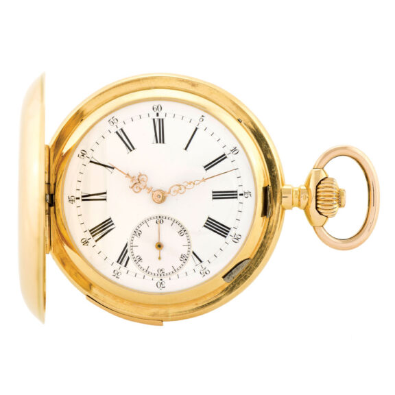 Swiss rose gold hunting cased repeating keyless lever Circa 1890 Swiss rose gold hunting cased repeating keyless lever Circa 1890