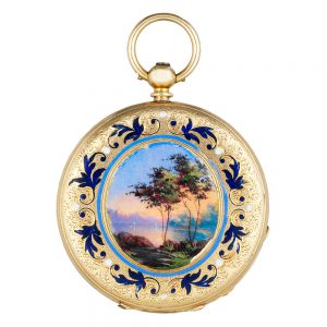 Swiss gold and enamel open faced cylinder pendant watch Circa 1845
