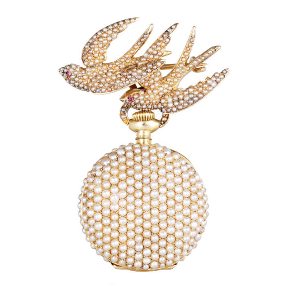 Swiss gold and pearl-set pendant watch with brooch Circa 1900