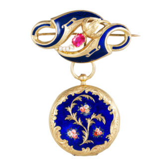 Swiss pendant watch with brooches, gold chain, key and seal Circa 1850