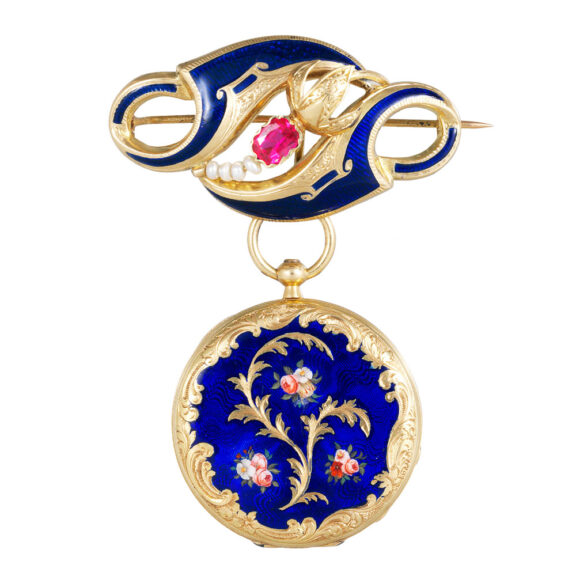 Swiss pendant watch with brooches, gold chain, key and seal Circa 1850