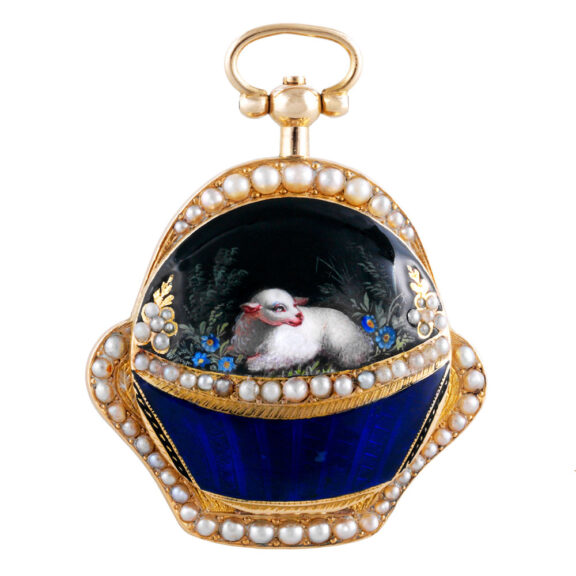 Swiss gold, enamel and pearl-set basket-form verge watch Circa 1810