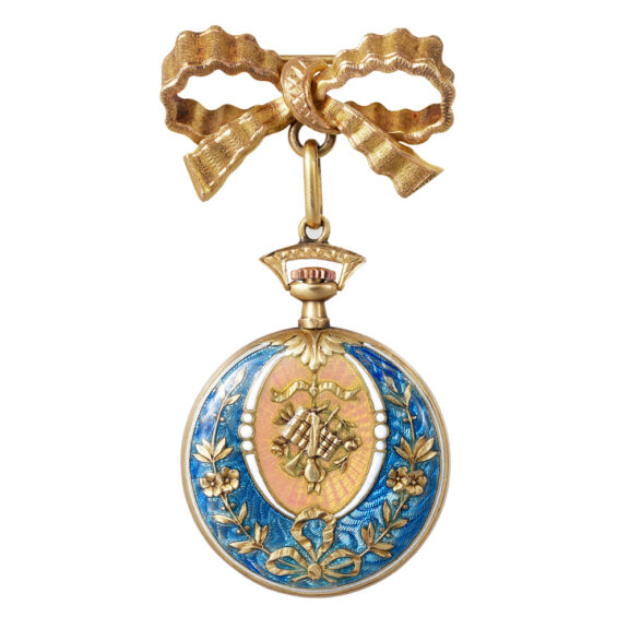 Swiss gold and enamel lever with bow brooch Circa 1890