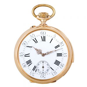 French 18K gold minute repeating keyless lever watch Circa 1890