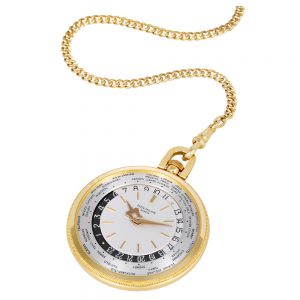 Swiss gold lever World Time dress watch with long chain Circa 1964