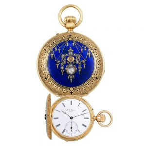 Swiss gold, enamel and diamond-set lever pendant watch Circa 1870