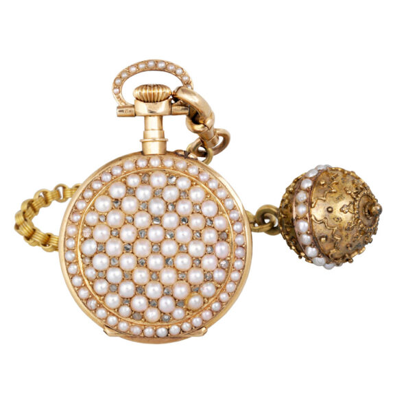 Swiss gold, pearl and diamond-set pendant watch Circa 1890