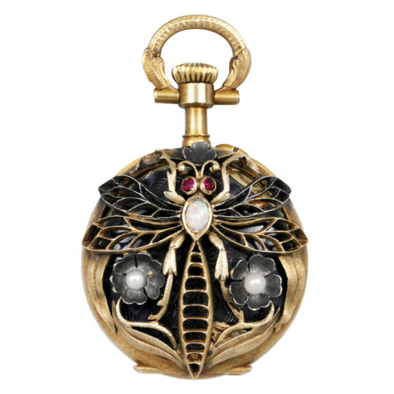 Swiss gold, enamel, opal, pearl and ruby-set pendant watch Circa 1900