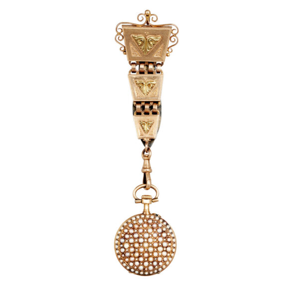 Swiss gold and pearl-set pendant watch with lapel fitting circa 1900
