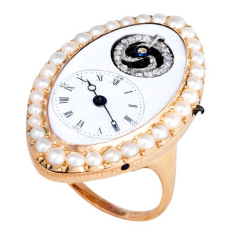 Swiss gold pearl and diamond set virgule ring watch Circa 1810