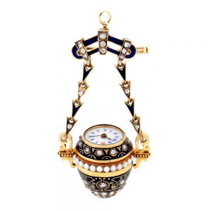 Swiss gold enamel diamond and pearl set lapel watch Circa 1910