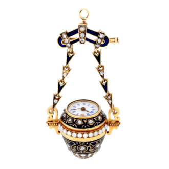 Swiss gold enamel diamond and pearl set lapel watch Circa 1910