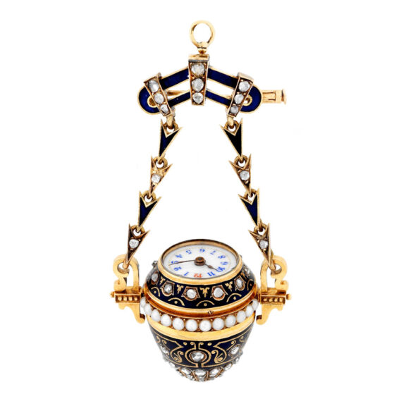 Swiss gold enamel diamond and pearl set lapel watch Circa 1910
