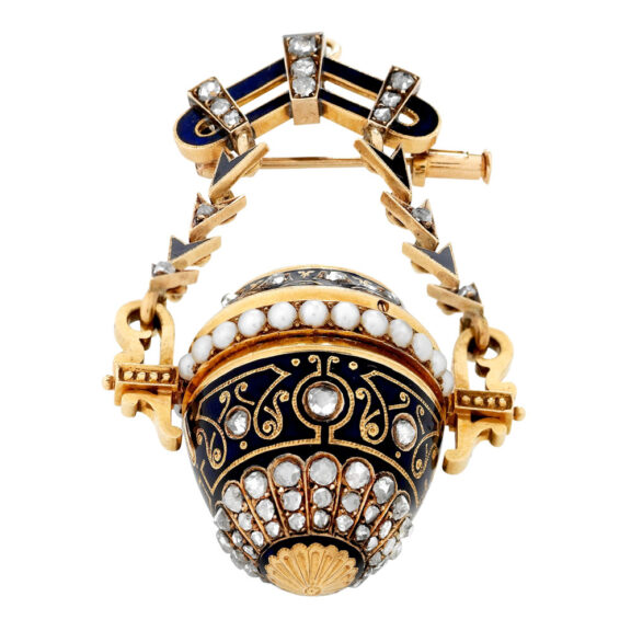 Swiss gold, enamel, diamond and pearl-set lapel watch Circa 1910 Swiss gold, enamel, diamond and pearl-set lapel watch Circa 1910