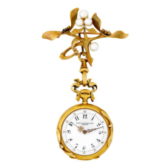 Swiss gold, enamel and pearl-set lapel watch with brooch Circa 1900