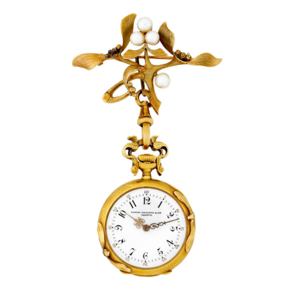 Swiss gold, enamel and pearl-set lapel watch with brooch Circa 1900 Swiss gold, enamel and pearl-set lapel watch with brooch Circa 1900