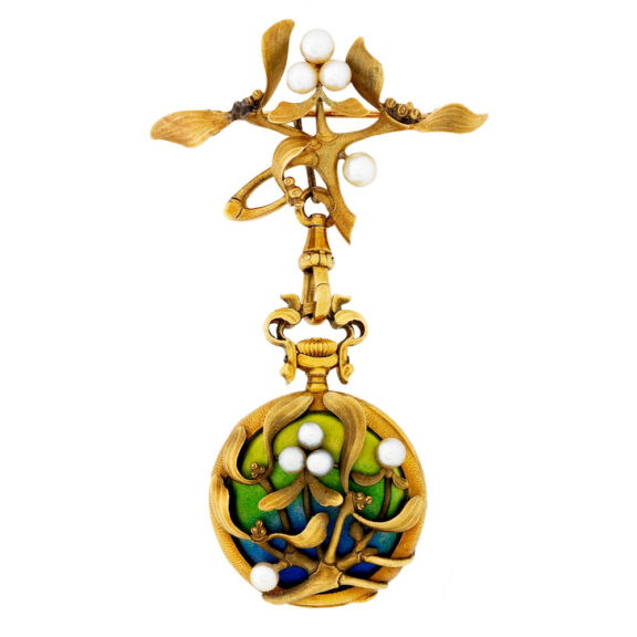 Swiss gold, enamel and pearl-set lapel watch with brooch Circa 1900