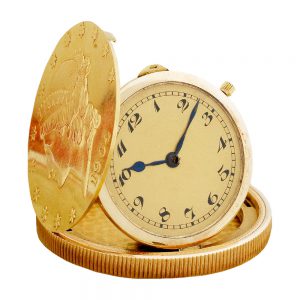 Swiss gold watch set into 20 Dollar US coin dated 1904 Circa 1965
