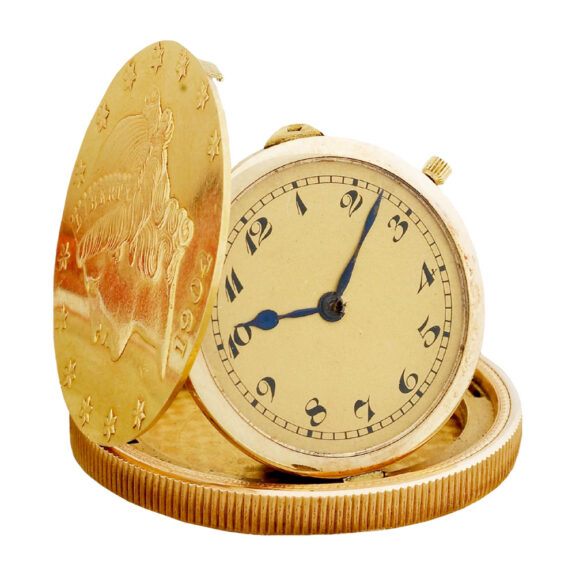 Swiss gold watch set into 20 Dollar US coin dated 1904 Circa 1965