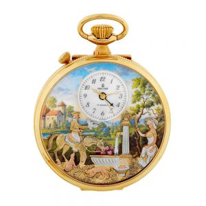 Swiss musical centre seconds lever automaton with alarm Circa 1985