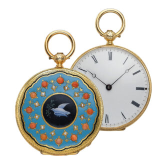 Swiss gold, enamel, coral and pearl-set cylinder watch Circa 1865 Swiss gold, enamel, coral and pearl-set cylinder watch Circa 1865