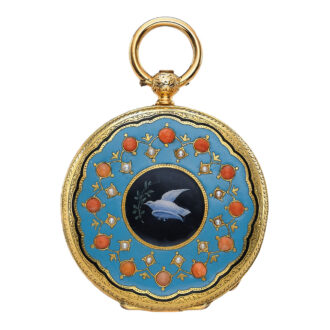 Swiss gold, enamel, coral and pearl-set cylinder watch Circa 1865 Swiss gold, enamel, coral and pearl-set cylinder watch Circa 1865