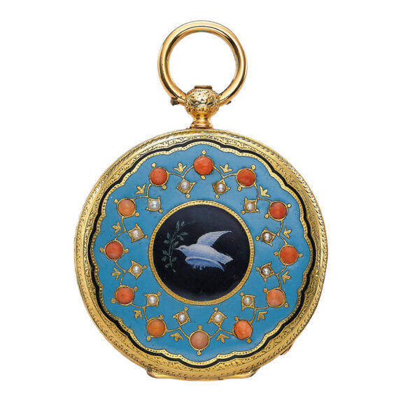 Swiss gold, enamel, coral and pearl-set cylinder watch Circa 1865 Swiss gold, enamel, coral and pearl-set cylinder watch Circa 1865