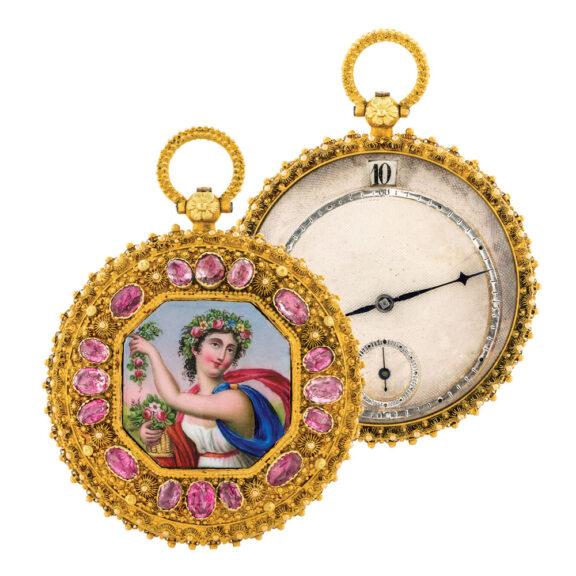 Swiss gold granulation watch with jumping hours Circa 1830 Swiss gold granulation watch with jumping hours Circa 1830