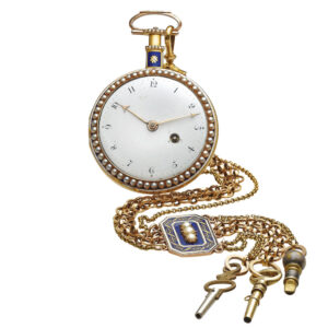 English gold, enamel and pearl set lever watch with chain Circa 1790