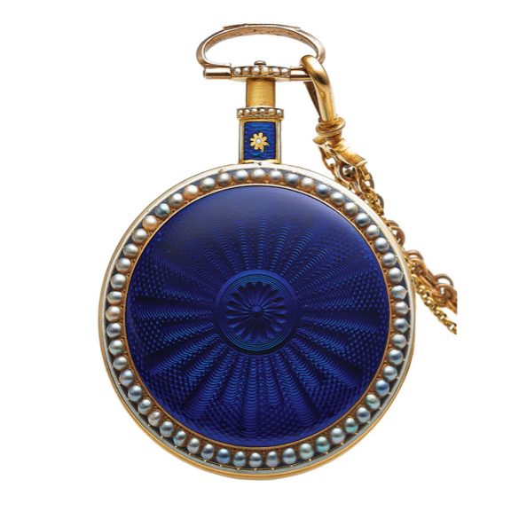 English gold, enamel and pearl set lever watch with chain Circa 1790 English gold, enamel and pearl set lever watch with chain Circa 1790