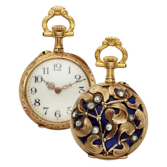 Swiss 18K gold, enamel and diamond-set cylinder watch Circa 1900 Swiss 18K gold, enamel and diamond-set cylinder watch Circa 1900