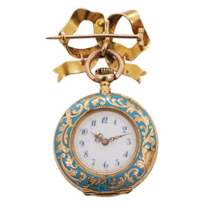 Swiss gold and enamel keyless lever pendant watch Circa 1900