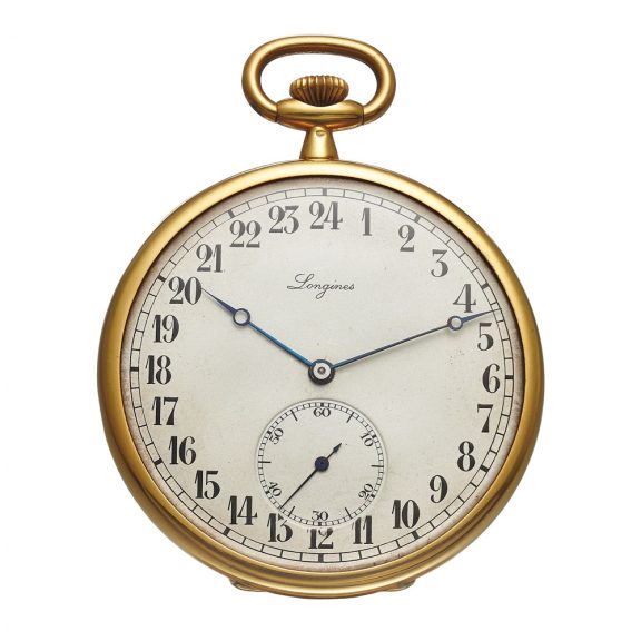 Swiss gold keyless lever watch with 24-hour dial Circa 1920