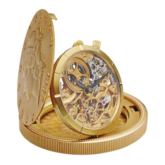 Swiss 18 carat gold skeletonized $ 20 coin dress watch Circa 1995