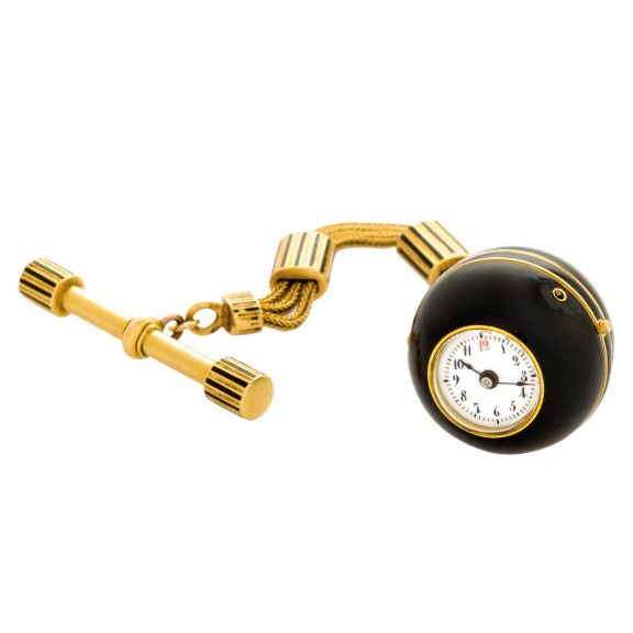 Swiss black enamelled gold ball-shaped cylinder watch Circa 1870 Swiss black enamelled gold ball-shaped cylinder watch Circa 1870