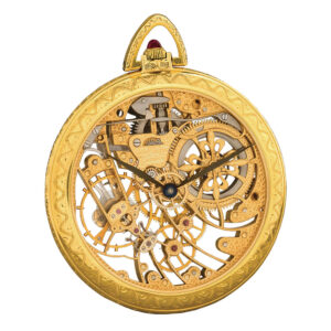 Very rare Swiss 18K gold skeletonized keyless lever Circa 1983