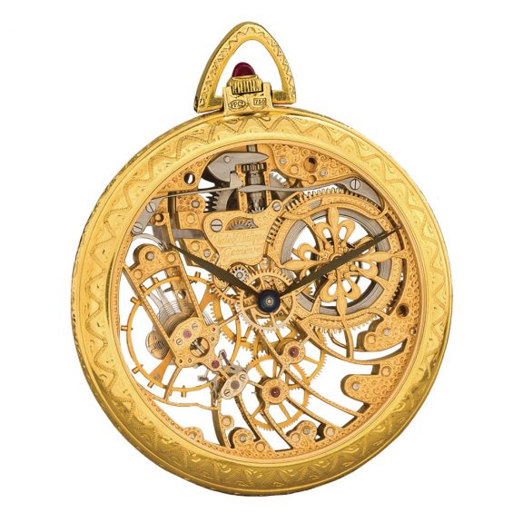 Very rare Swiss 18K gold skeletonized keyless lever Circa 1983