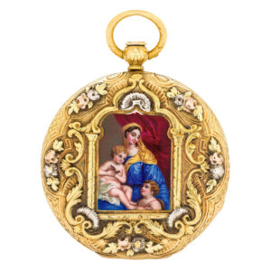 Swiss 18K gold and enamel cylinder pendant watch Circa 1850