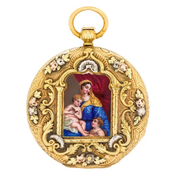 Swiss 18K gold and enamel cylinder pendant watch Circa 1850 Swiss 18K gold and enamel cylinder pendant watch Circa 1850
