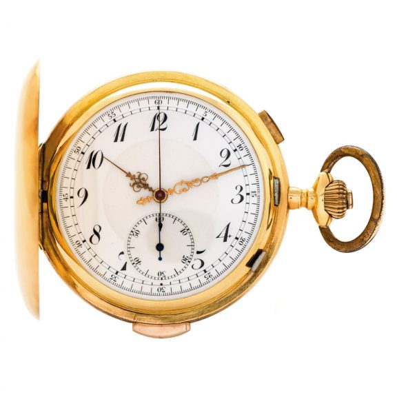 Swiss 18K gold minute repeating keyless lever chronograph Circa 1915 Swiss 18K gold minute repeating chronograph Circa 1910